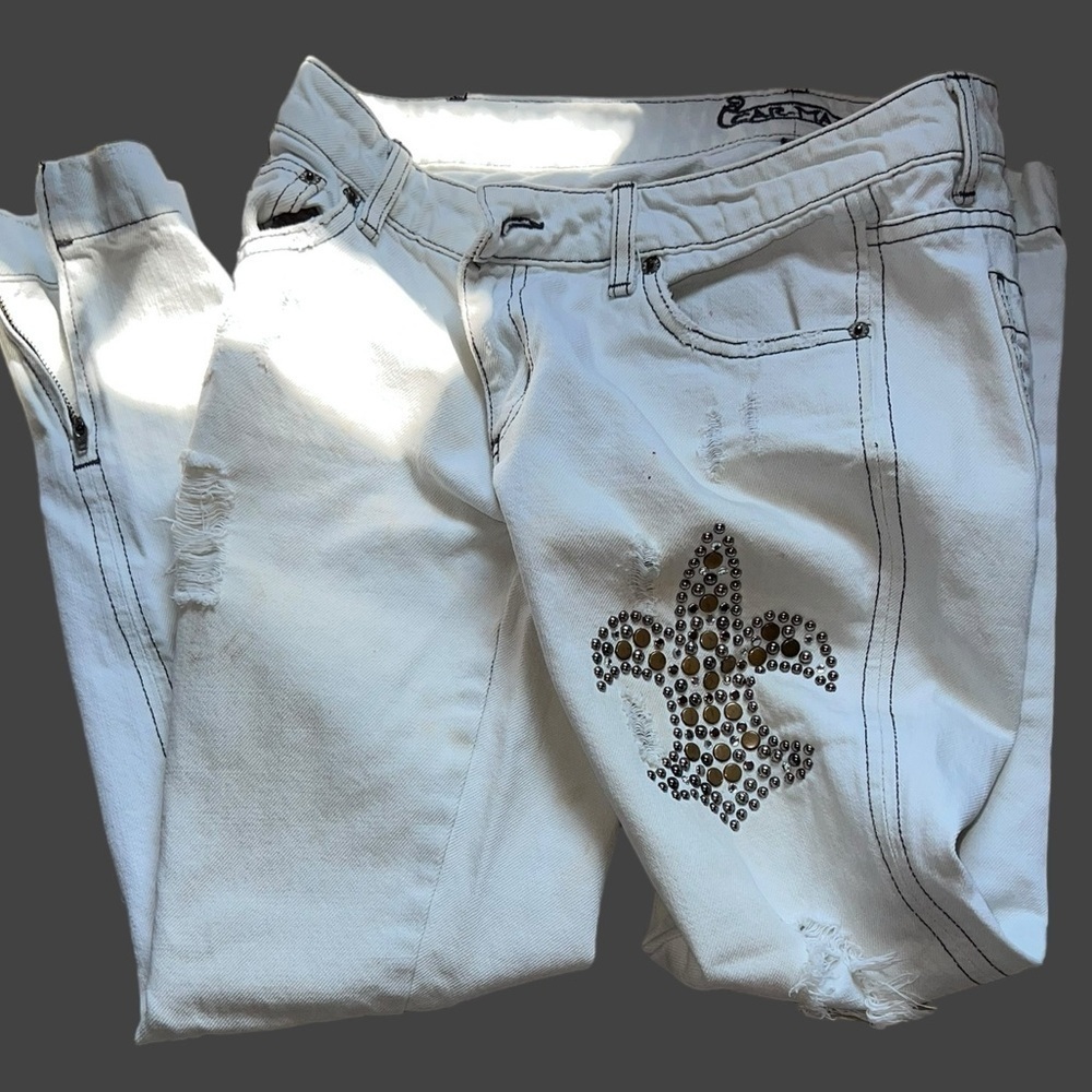 Carmar LF Low Rise White Jeans – Studded Fleur de Lis – Size 27 - Picture 3 of 8